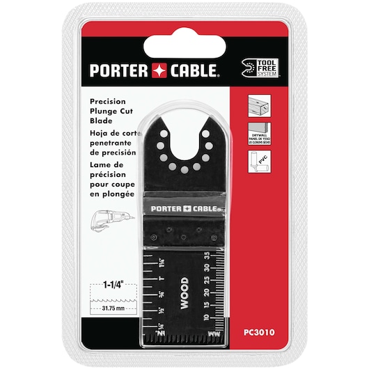 PORTER-CABLE PC3010 precision plunge cut blade for wood, drywall, and PVC, shown in retail packaging with product details, ruler markings, and multilingual description.