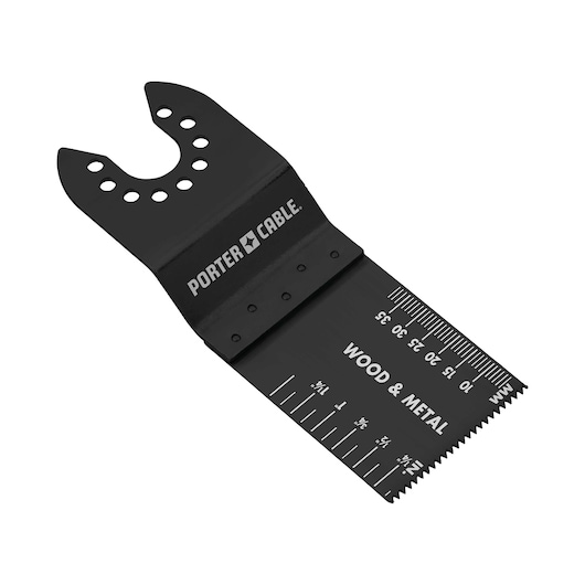 A PORTER-CABLE oscillating multi-tool blade with measurement markings and text indicating it is suitable for wood and metal. The blade is black and features a mounting end with multiple holes.