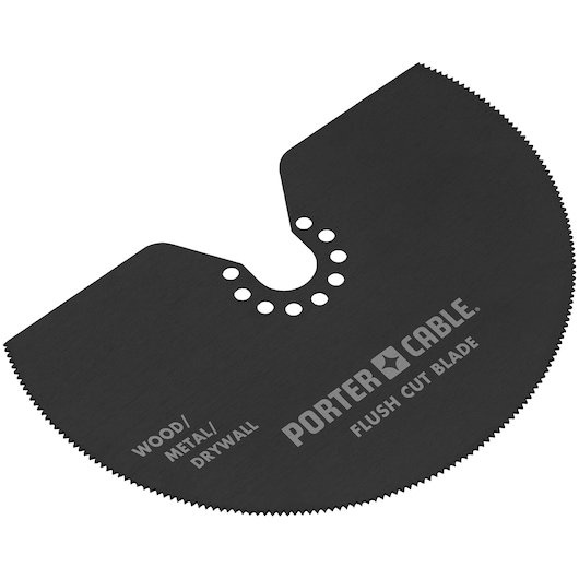 A PORTER-CABLE flush cut blade designed for wood, metal, and drywall. The blade is black, semi-circular in shape with fine serrated edges, and has mounting holes near the center.