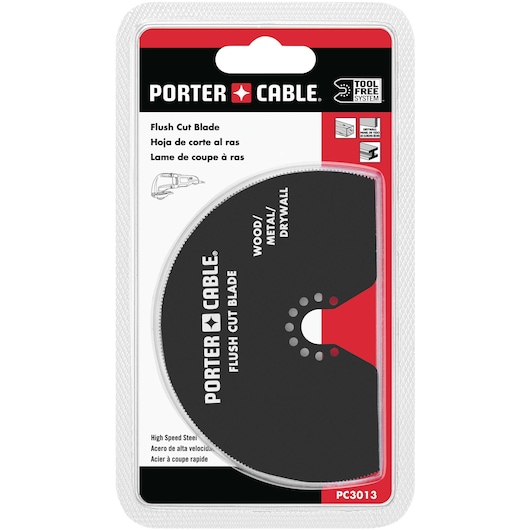 Porter-Cable flush cut blade in retail packaging, model PC3013. The blade is designed for cutting wood, metal, and drywall, and is made of high-speed steel. Packaging indicates compatibility with a tool-free system.