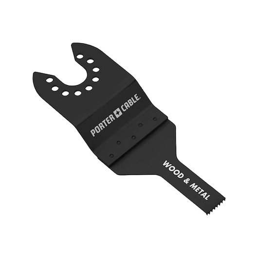 A black PORTER-CABLE oscillating tool blade with multiple holes on the mounting end and serrated cutting edge, labeled 'WOOD & METAL.'