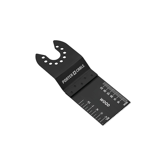 A PORTER-CABLE branded oscillating tool blade designed for wood cutting, with measurements marked on the blade and a universal mount.