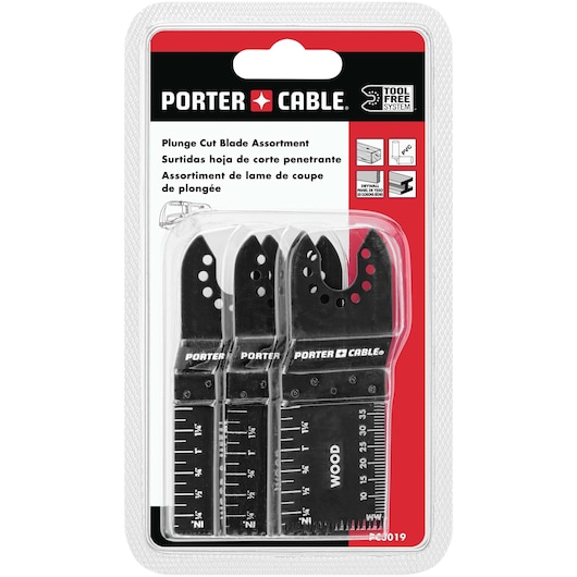 Retail packaging of a PORTER-CABLE plunge cut blade assortment for tool-free system, showing three black blades with measurement markings, labeled for cutting wood and other materials. The package includes product information in English, Spanish, and French, with SKU PC3019.