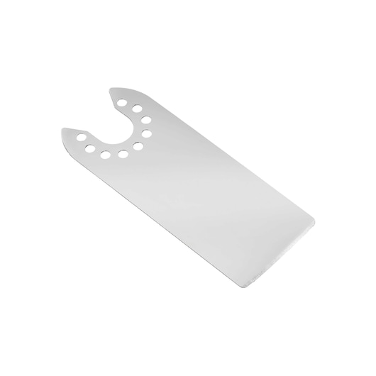 A rectangular metal saw blade with a curved, U-shaped notch and multiple circular holes near one end, designed for use with power tools.