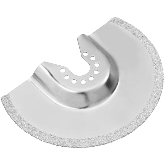 A close-up image of a silver semicircular oscillating tool blade with a grit edge, featuring multiple holes near the center for attachment.