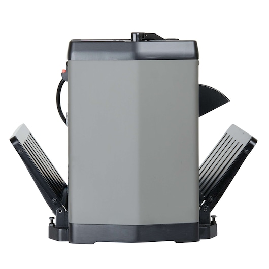Side view of a PORTER-CABLE PC305TP wood planer with its feed tables extended. The machine has a rectangular shape with side panels and a black base. Power cord is visible on the left side.