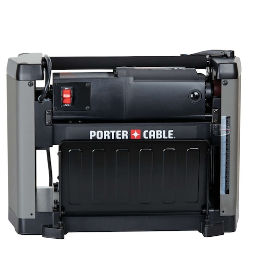 A PORTER-CABLE PC305TP thickness planer, featuring a black and gray design with a visible on/off switch and the brand logo on the front.