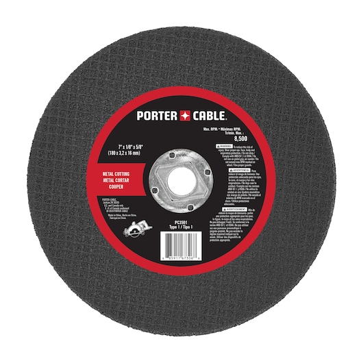 PORTER-CABLE metal cutting wheel, model PC3501, round black abrasive disc with red and black label, used for cutting metal, with product specifications and safety warnings visible on the front.