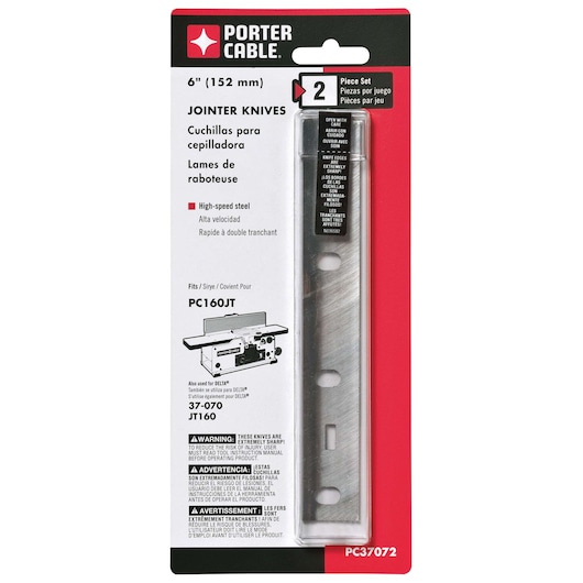PORTER-CABLE 6 inch (152 mm) jointer knives set in retail packaging. The package includes two high-speed steel blades, compatible with PC160JT jointer, and also used for DELTA models 37-070 and JT160. The packaging features product information in English, Spanish, and French, as well as safety warnings.
