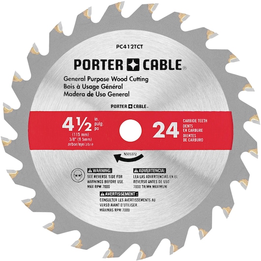 PORTER-CABLE circular saw blade for general purpose wood cutting. The blade is silver with carbide teeth, has a diameter of 4.5 inches (115 mm), and features a red label with 24 carbide teeth. Includes warnings in English, Spanish, and French.