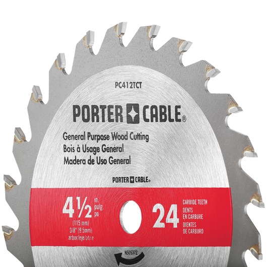 Close-up image of a PORTER-CABLE circular saw blade, model PC412TCT, intended for general purpose wood cutting. The blade is silver with a red section displaying key information: 4-1/2 inch diameter (115 mm), 24 carbide teeth, and 3/8 inch (9.5 mm) arbor.
