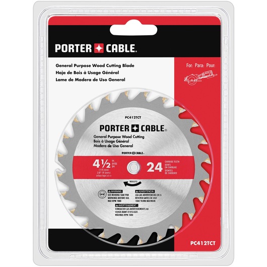 PORTER-CABLE general purpose wood cutting blade in retail packaging. The blade is 4.5 inches in diameter, has 24 carbide teeth, and is labeled for general wood cutting use.