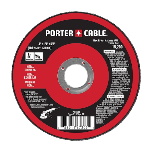 PORTER-CABLE metal grinding wheel, model PC4500, 4-inch diameter, Type 27. The wheel is red and black with product warnings and usage instructions in English, Spanish, and French. It displays maximum speed 15,200 RPM and is intended for metal grinding. The packaging includes instructions, barcode, and manufacturer information.