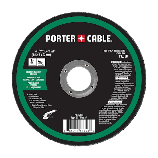 PORTER-CABLE PC4501C grinding wheel for concrete and masonry, Type 27, measuring 4 1/2 inches x 1/4 inch x 7/8 inch (115 x 6 x 22 mm). The circular abrasive disc is black with a green border and product information printed in English, Spanish, and French. It includes safety warnings and usage instructions, and a barcode at the bottom.