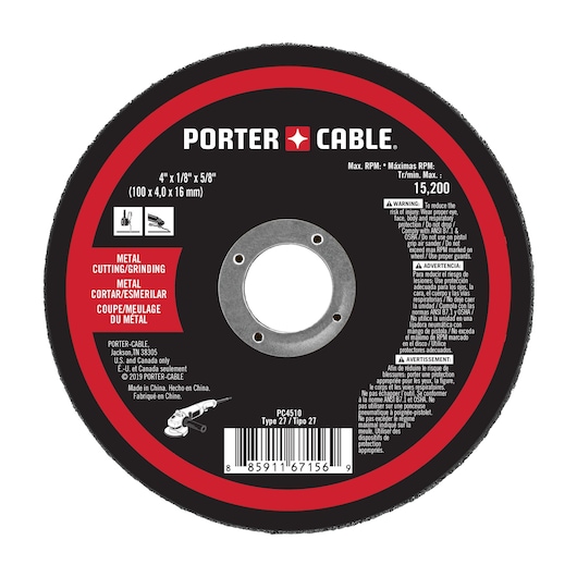 PORTER-CABLE metal cutting and grinding wheel, black with red border, labeled for 4 inch diameter and 1/8 inch thickness, SKU PC4510. Text includes warnings and instructions in English, Spanish, and French. Central hole surrounded by metal ring. Designed for metal cutting and grinding with power tools.