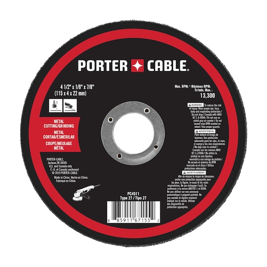 PORTER-CABLE metal cutting and grinding wheel, model PC4511, Type 27. The round disc features a black and red design with safety warnings, specifications (4 1/2 in x 1/8 in x 7/8 in / 115 x 4 x 22 mm), and details for use with metal materials. Maximum RPM 13,300 is indicated. There are instructions in English, Spanish, and French.