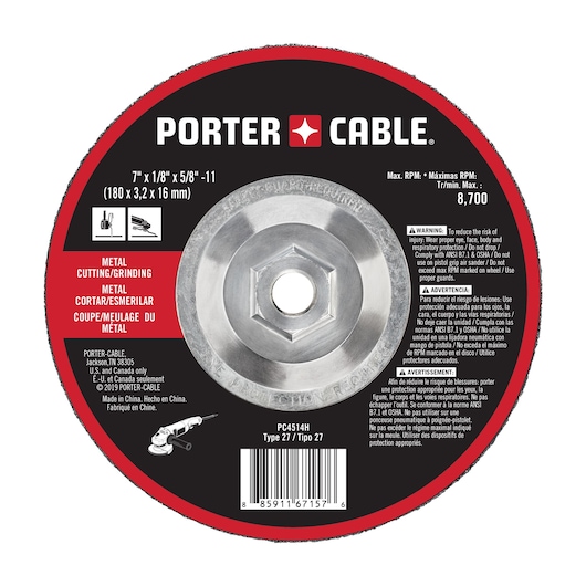 PORTER-CABLE metal cutting and grinding wheel, model PC4514H. The circular wheel features safety warnings in English, Spanish, and French, product specifications (7 inches x 1/8 inch x 5/8 inch-11 or 180 x 3.2 x 16 mm), maximum RPM of 8,700, and Type 27 classification. Suitable for metal cutting and grinding, the label includes manufacturer information and barcode.