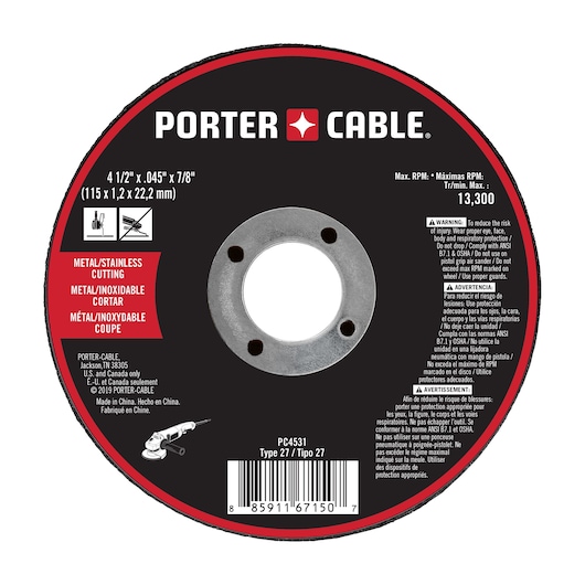 PORTER-CABLE branded cutting wheel for metal and stainless steel, model PC4531, Type 27. The wheel measures 4 1/2 inches x 0.045 inches x 7/8 inches. Instructions, warnings, and specifications are printed on the label, including maximum RPM of 13,300. The product is intended for use with grinders and made in China.
