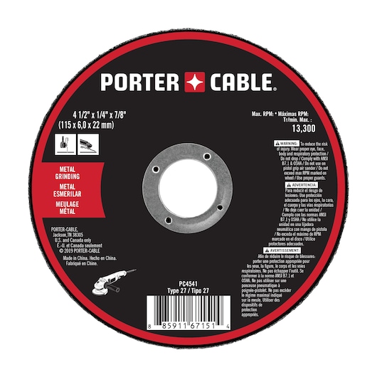 PORTER-CABLE metal grinding wheel, model PC4541, for use with angle grinders. The wheel is black with a red border and white text, showing size specifications 4 1/2 inch x 1/4 inch x 7/8 inch (115 x 6.0 x 22 mm), maximum RPM of 13,300, and warnings in English, Spanish, and French. It is labeled for metal grinding and features a central mounting hole.