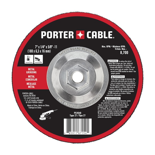 PORTER-CABLE metal grinding wheel, model PC4548, Type 27. The disc is black and red with a central metallic mounting hole and label. The specifications show 7 inch diameter, 1/4 inch thickness, 5/8-11 arbor, and maximum speed of 8,700 RPM. There are warnings for eye, face, and respiratory protection, and instructions in English, Spanish, and French. Suitable for grinding metal.