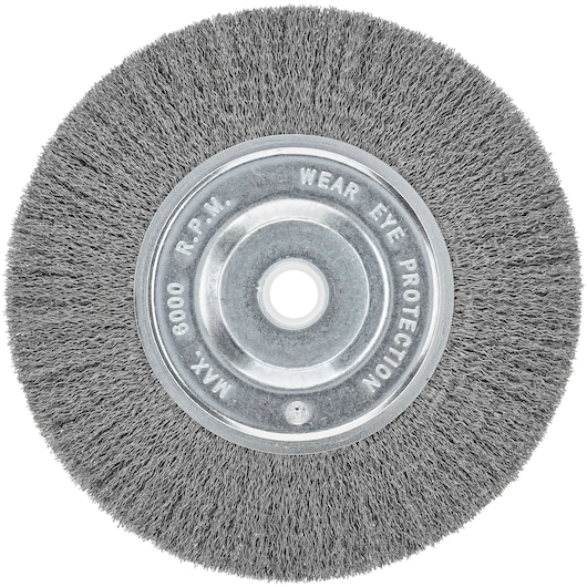 A close-up image of a PORTER-CABLE wire wheel brush with dense metal bristles for use with power tools. The center metal hub has a warning to wear eye protection and a maximum speed rating of 6000 RPM.