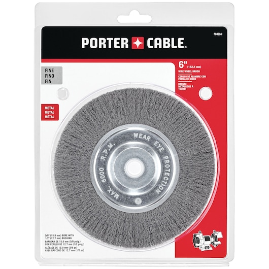 PORTER-CABLE 6-inch wire wheel brush in retail packaging. The brush is labeled as fine, designed for use on metal, and features safety warnings to wear eye protection. The packaging includes product details, SKU PC4904, and specifications.