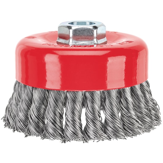 A close-up image of a twisted wire cup brush with a red metal housing and steel bristles. The brush is designed for attachment to power tools for cleaning, deburring, and surface preparation.
