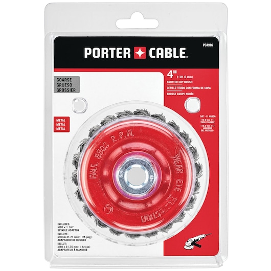 PORTER-CABLE 4-inch knotted cup brush for metal, packaged in a clear plastic blister pack with red and black labeling. The brush has coarse bristles and is designed for use with an arbor. SKU PC4916.