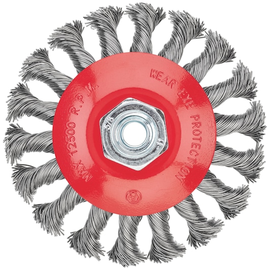 Close-up image of a PORTER-CABLE twisted wire wheel brush with a red circular base and metal bristles arranged in a wheel pattern. The item is designed for attachment to power tools to clean or remove material from surfaces.