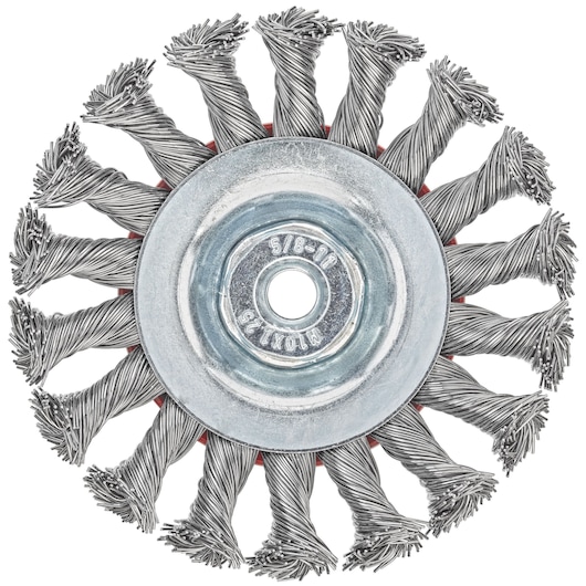 A close-up image of a circular steel wire wheel brush with twisted bristles and a metal center hub, used for cleaning or surface preparation in power tools.