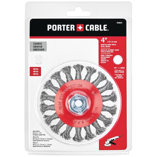 PORTER-CABLE branded 4-inch knotted wire bevel brush for metal, packaged in clear plastic retail packaging. The brush features coarse metal bristles mounted in a circular red hub. The product description and details are shown on the packaging in English, Spanish, and French.