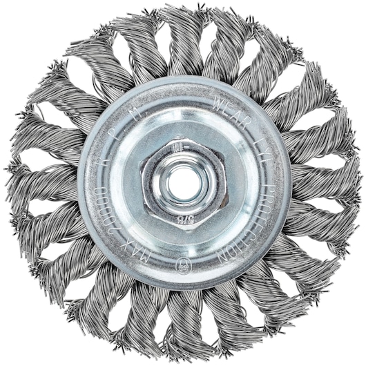 Close-up image of a PORTER-CABLE twisted wire wheel brush used for surface cleaning or removing rust, showing its metal construction and central mounting hole.