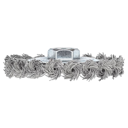 A close-up image of a PORTER-CABLE steel wire wheel brush, featuring twisted wire bristles arranged in a circular pattern and a central metal mounting hub.