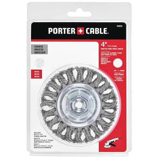 PORTER-CABLE 4-inch knotted wire wheel brush for metal, shown in its retail packaging. The brush is coarse and designed for use with a spindle adaptor. Text on packaging includes product specifications and usage instructions.