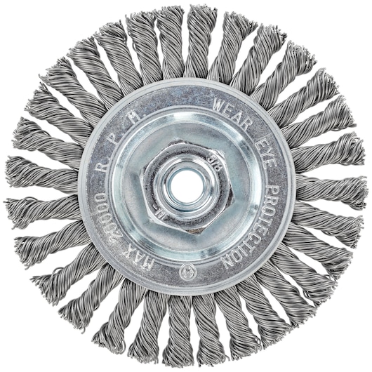 A close-up image of a wire wheel brush attachment used for power tools. The brush has twisted steel wire bristles arranged in a circular pattern around a central metal hub with a hexagonal mounting hole.