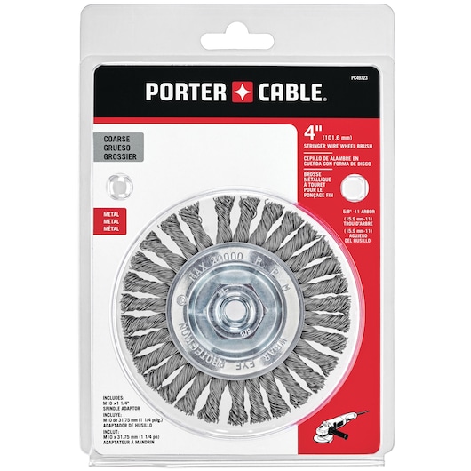 Packaging of PORTER-CABLE 4 inch stringer wire wheel brush for metal, showing a coarse wire brush attachment and details about compatibility with 5/8-11 arbor. The brush is designed for use with grinders and includes a spindle adaptor.