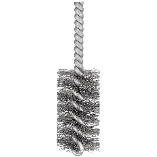 A close-up image of a cylindrical wire brush with twisted metal handle and bristles, typically used for cleaning or abrasive applications.