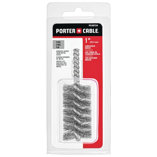 PORTER-CABLE 1 inch corkscrew brush in retail packaging. The brush has twisted bristles and is designed to remove burrs from metal edges.