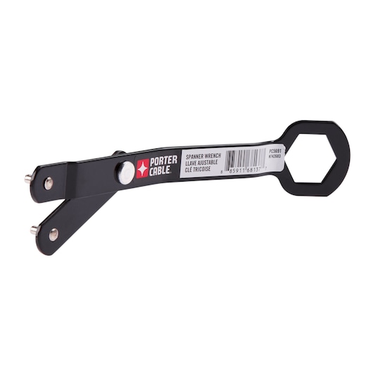 A PORTER-CABLE adjustable spanner wrench, product SKU PC5691, photographed against a white background. The tool features a black metal body with a hexagonal opening and two adjustable pins at one end.