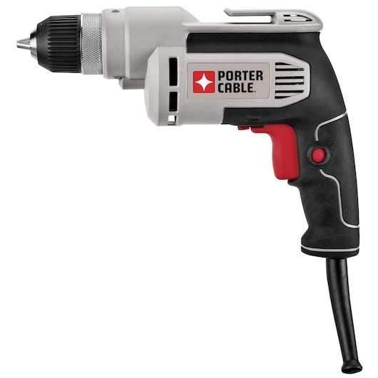 A PORTER-CABLE corded electric drill with a black and gray body and red trigger, shown on a white background.