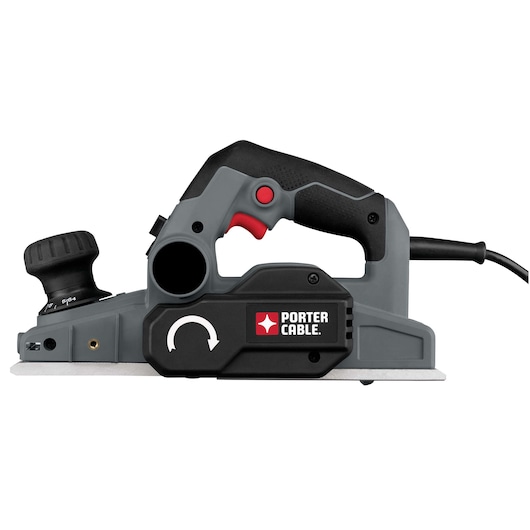 A PORTER-CABLE electric hand planer with a gray and black body and a red trigger. The tool is shown from the side with its power cord extending to the right.