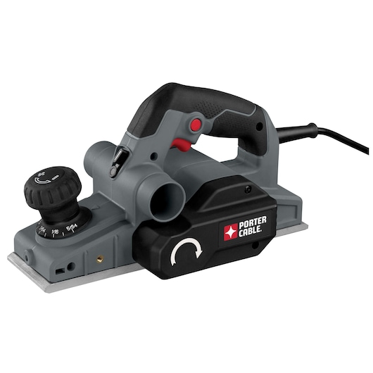 A PORTER-CABLE electric hand planer with a black and gray body, ergonomic handle, adjustment knob for depth settings, and a visible cord for power supply.