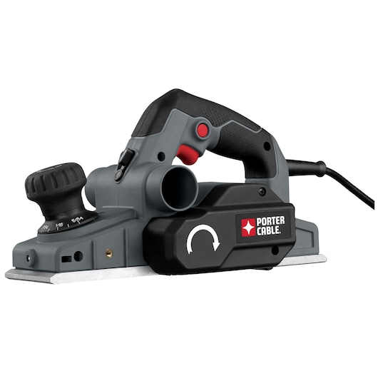 PORTER-CABLE electric hand planer, model PC60THP, shown in a side view with a black and gray body, adjustable front knob, handle, and power cord. Designed for woodworking and surface smoothing.