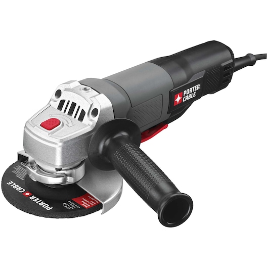 PORTER-CABLE angle grinder with side handle, power cord, and abrasive disc, model PC60TPAG, shown against a white background.
