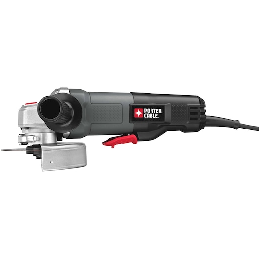 A PORTER-CABLE angle grinder with a black and gray body, side handle, red trigger, and protective shield around the grinding wheel.
