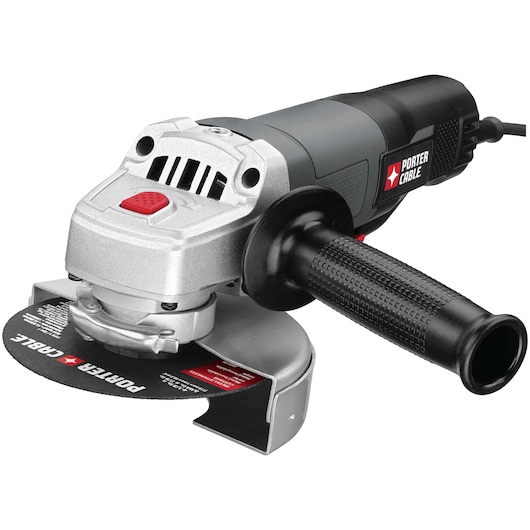 A PORTER-CABLE angle grinder with a black handle, silver body, and a visible grinding disc, shown on a white background.