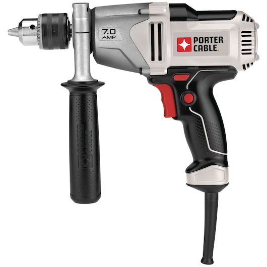 A PORTER-CABLE 7.0 amp corded electric drill with a side handle. The drill has a black and silver body with red accents and features the PORTER-CABLE logo on the side.