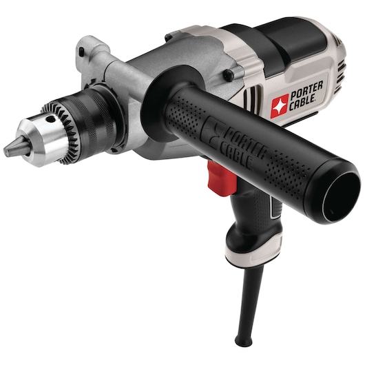 A PORTER-CABLE branded corded electric drill with a side handle and trigger, shown close-up on a white background.