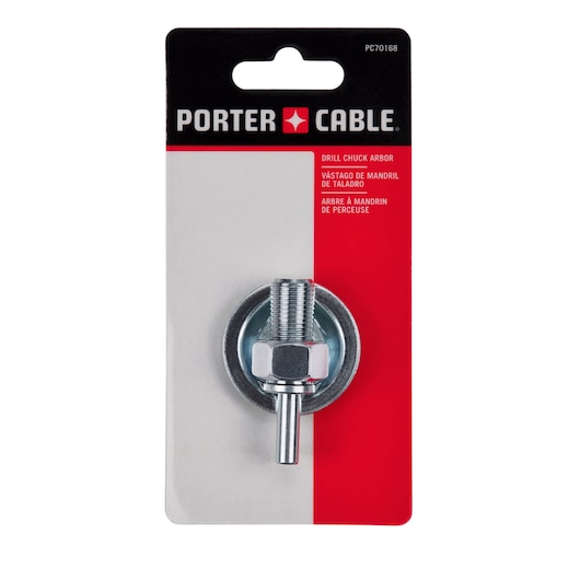 PORTER-CABLE drill chuck arbor in silver color, packaged on a branded card with SKU PC70168 in the photography product category.