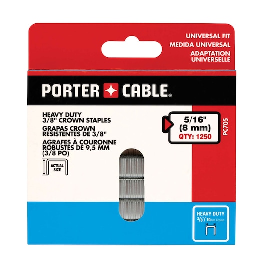 Box of PORTER-CABLE heavy duty 3/8 inch crown staples, universal fit, with a quantity of 1250 staples sized 5/16 inch (8 mm). The packaging is red, white, black, and blue, with a viewing window showing some staples inside. SKU: PC705.